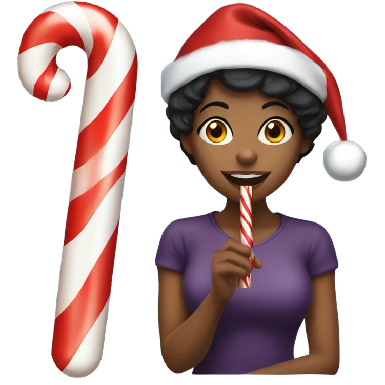 Black woman with short black hair and a Santa hat on, eating a candy cane emoji