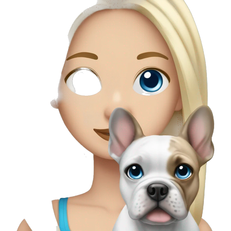 Blonde hair woman with blue eyes holding a merle Frenchie with blue eyes emoji