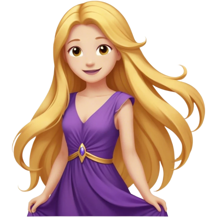 Cinematic Radiant Rapunzel Portrait Emoji, rendered in a flat vector style with clean proportions. Show Rapunzel with a gentle smile, fair, glowing skin, and her iconic long golden hair cascading softly, wearing a simple, elegant purple dress. The image radiates a warm, enchanting glow, high shine, and is accentuated by a soft glowing outline. emoji