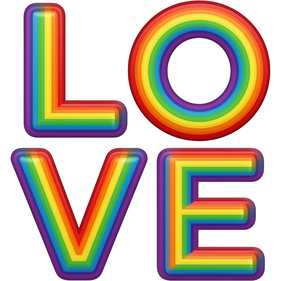 name "love" in red, 3D style typography lettering, each color of the rainbow as a border outlined around each letter, isolated, 3d rendering, no emoji icons no emoji faces and must have no human figures emoji