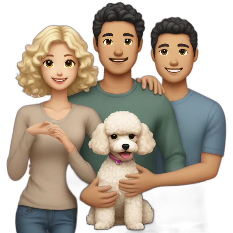 A Family consisting of 1 asian man with dark eyes and hair tan skin and 1 white blonde girl with pale skin and 1 fluffy brown toy poodle emoji