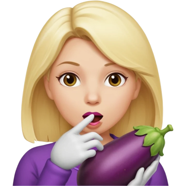 Blonde women stuffing her mouth using her hand with an big eggplant emoji