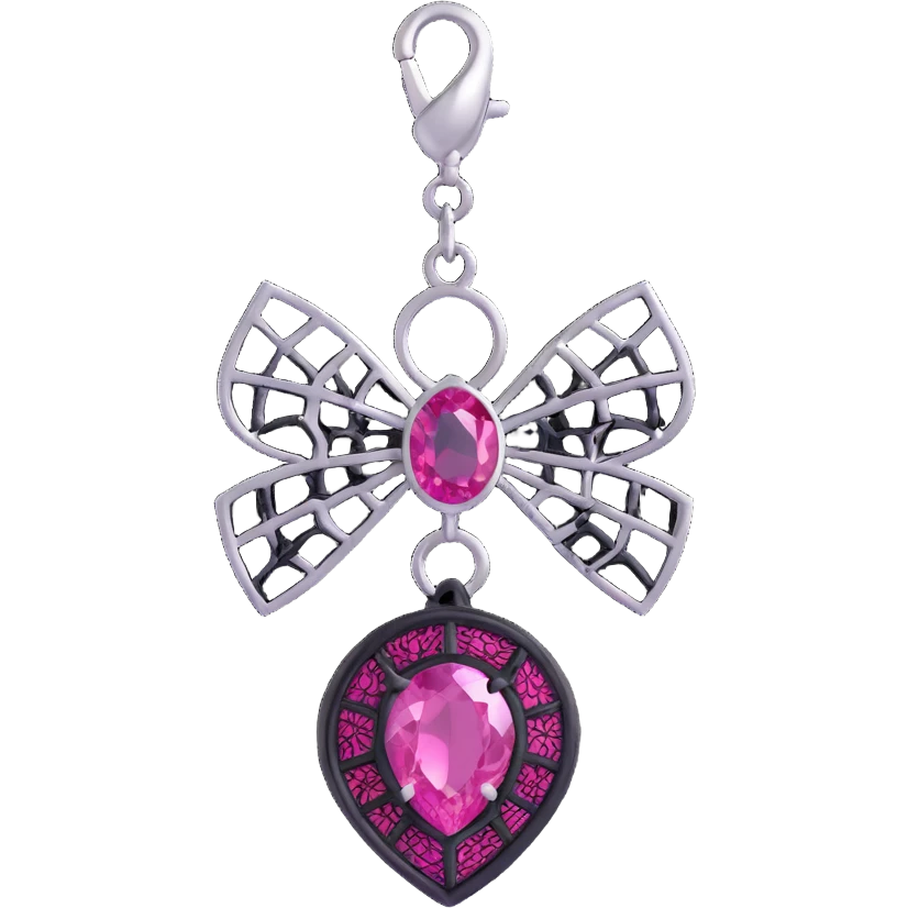 3D emoji style pink bow with gothic effect, black lace overlay, silver spiderweb charm, magenta gemstone center emoji