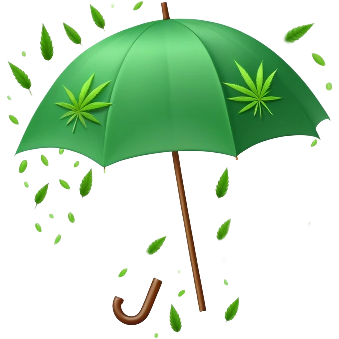 Candy raining from the sky with an umbrella and a cannabis leaf emoji