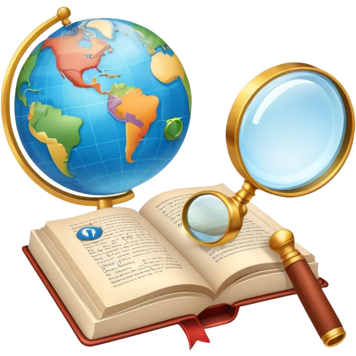 An icon featuring an open book, a speech bubble, and a magnifying glass, symbolizing philology and linguistics. The design includes language symbols, a globe, and alphabet letters, representing the study of languages and their structures. Transparent background  emoji