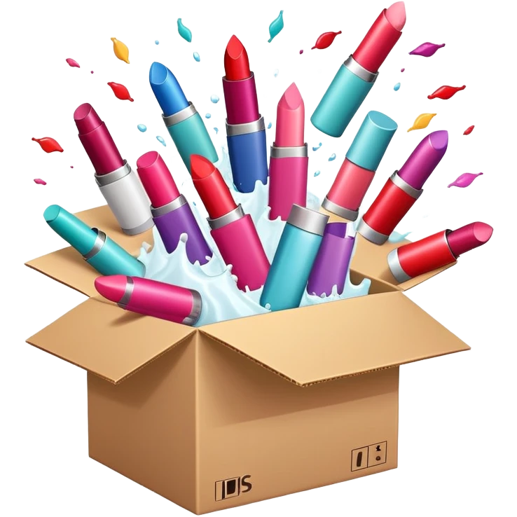 cardboard box bursting open with lipsticks, shampoo, and nail polish flying out emoji