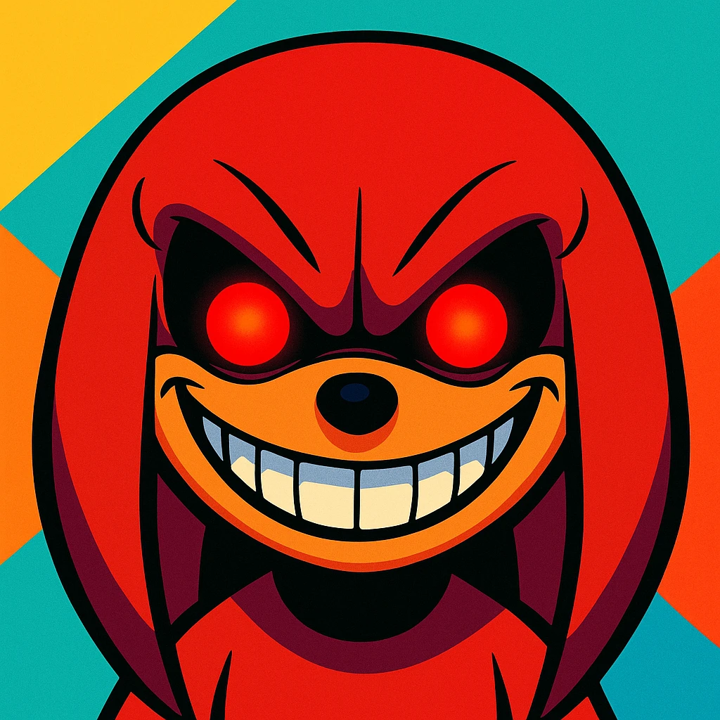 Knuckles from Sonic, horror cartoon style, only the face, glowing red eyes, sinister grin, bright and vivid background, not dark emoji