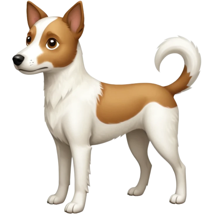 a full body large white parson russell looking dog the size of a kelpie with light brown flapped down ears and a light brown patch on one eye and a large snout emoji