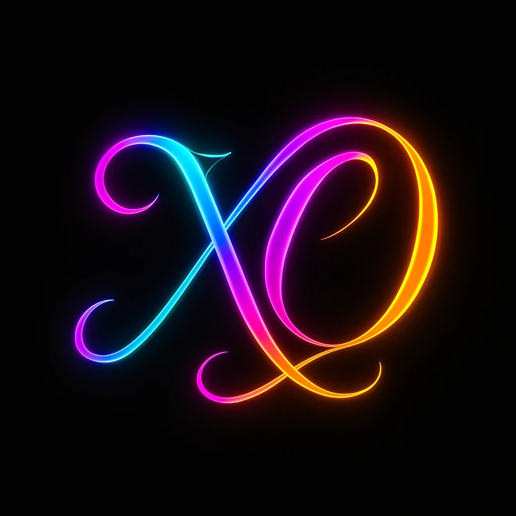 logo featuring the letters 'X' and 'O' in a fancy, intertwined design, neon colors, black background, modern and glowing emoji