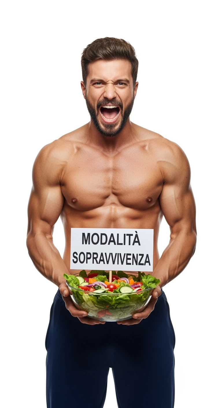 bodybuilder molto stanco e stressato con un insalata in mano, nell'insalata c'è un cartello con scritto "MODALITà SOPRAVVIVENZA", ISOLATO SU SFONDO BIANCO emoji