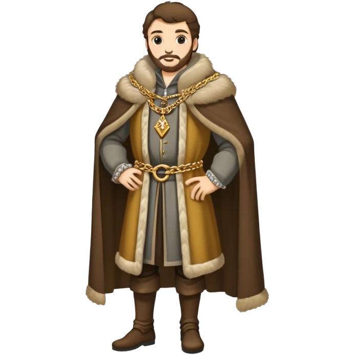 Full body of wealthy medieval merchant in fine clothes, fur-trimmed cloak, and gold chain emoji