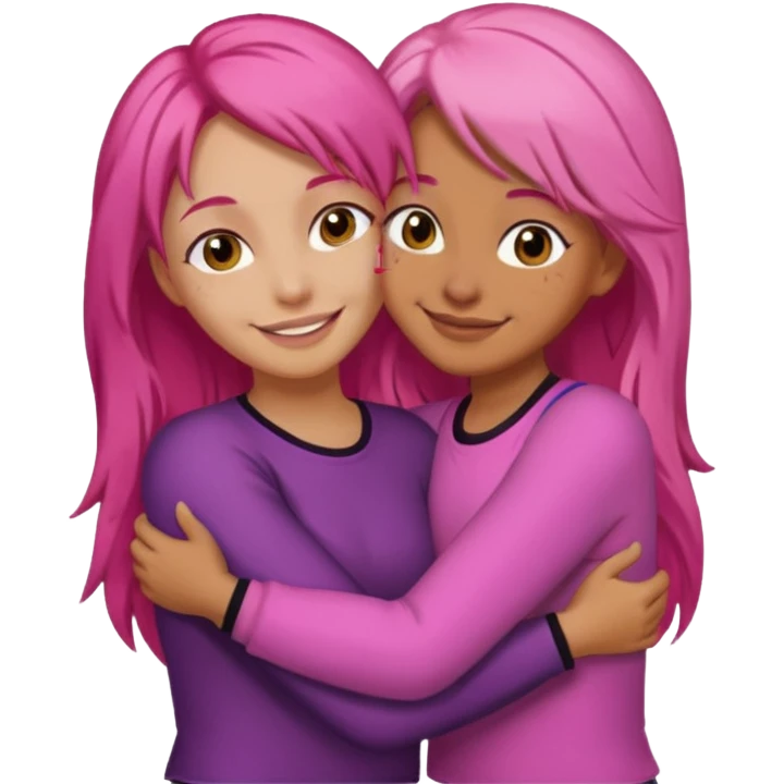 Surprisingly goofy once they open up. Strong, loyal, and incredibly supportive — but still hates wasting time. one woman with long pink hair hugging another woman with short  dark hair emoji