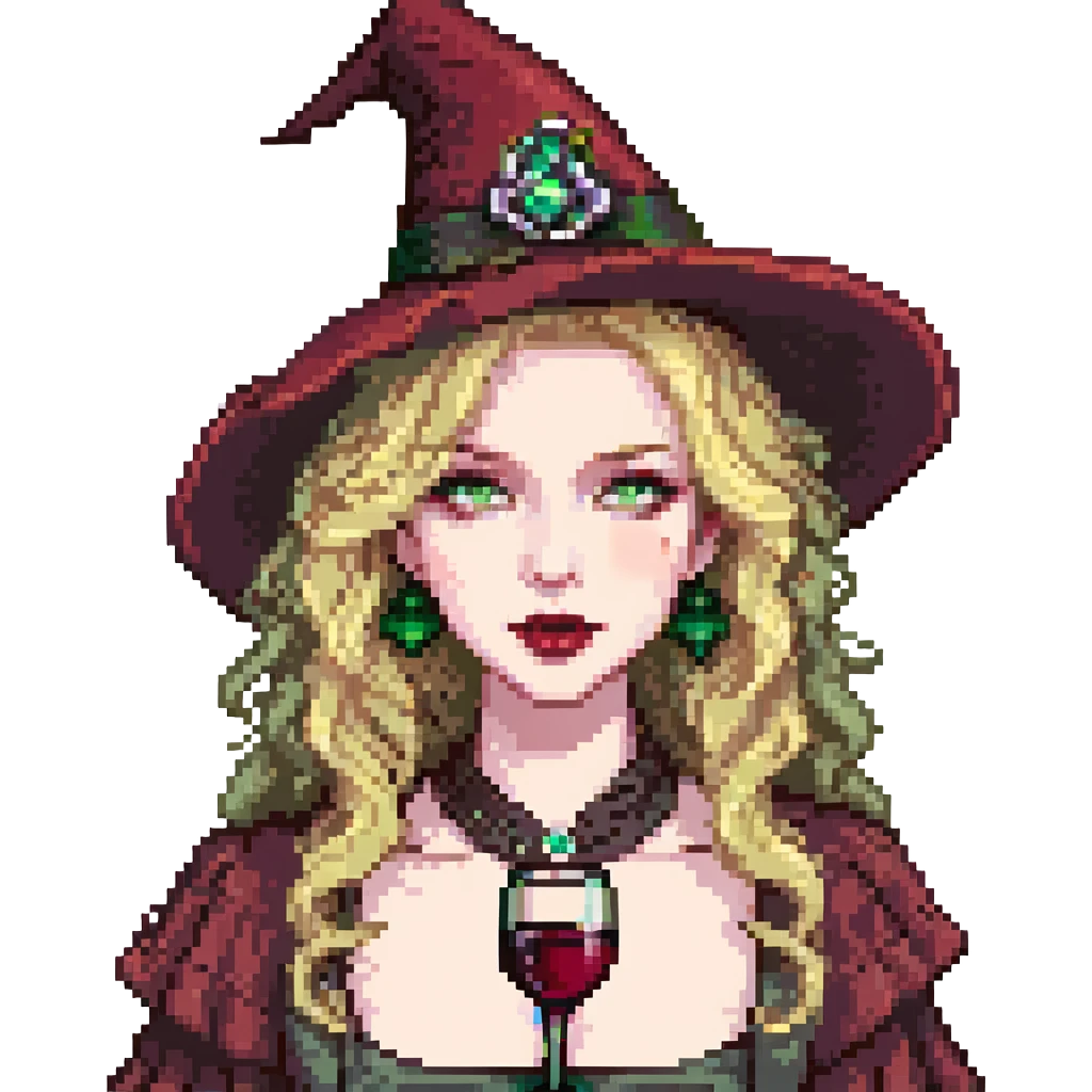 pale witch, wavy blonde hair, green eyes, wine lipstick, pointed hat, pixel art emoji