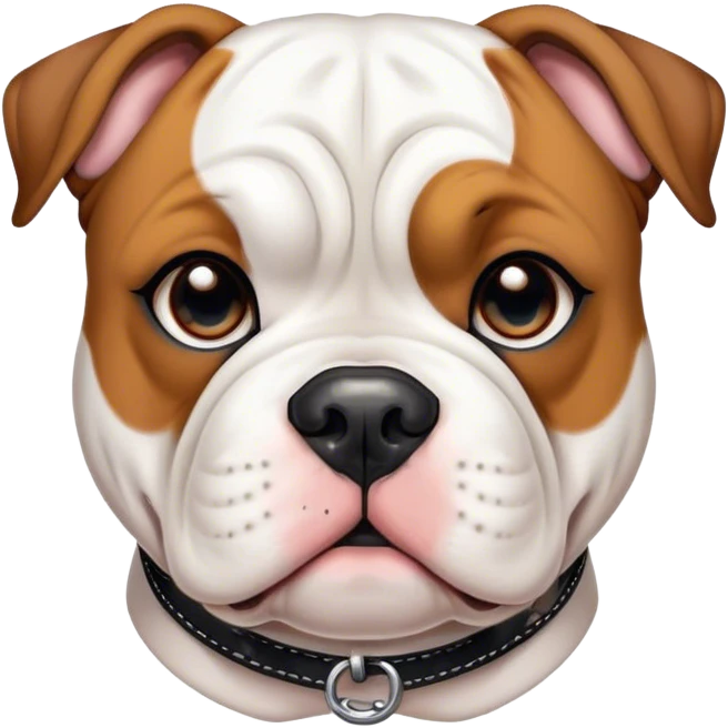 Cinematic Cute Black and White American Bulldog Portrait Emoji, Head tilted playfully and inquisitively, smooth fur with a bold black and white pattern, round, sparkling brown eyes filled with curiosity, Simplified yet irresistibly adorable features, highly detailed, glowing with a warm, friendly glow, high shine, affectionate and lively, stylized with a touch of whimsy, bright and endearing, soft glowing outline, capturing the essence of a mischievous yet loving pup, so playful it feels like it could bound out of the screen and into your arms! emoji