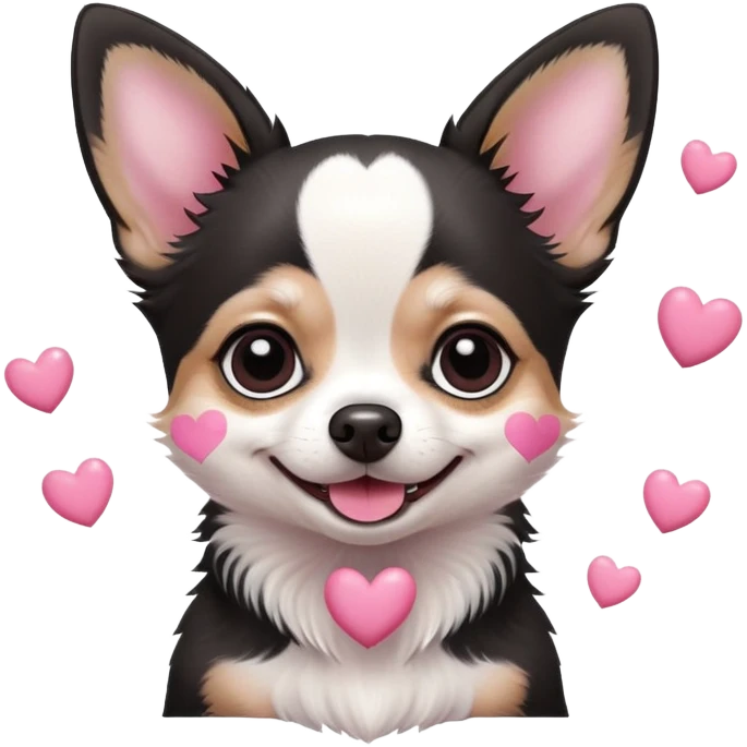 Black and white small chihuahua with pink small hearts all over happy and smiling  emoji