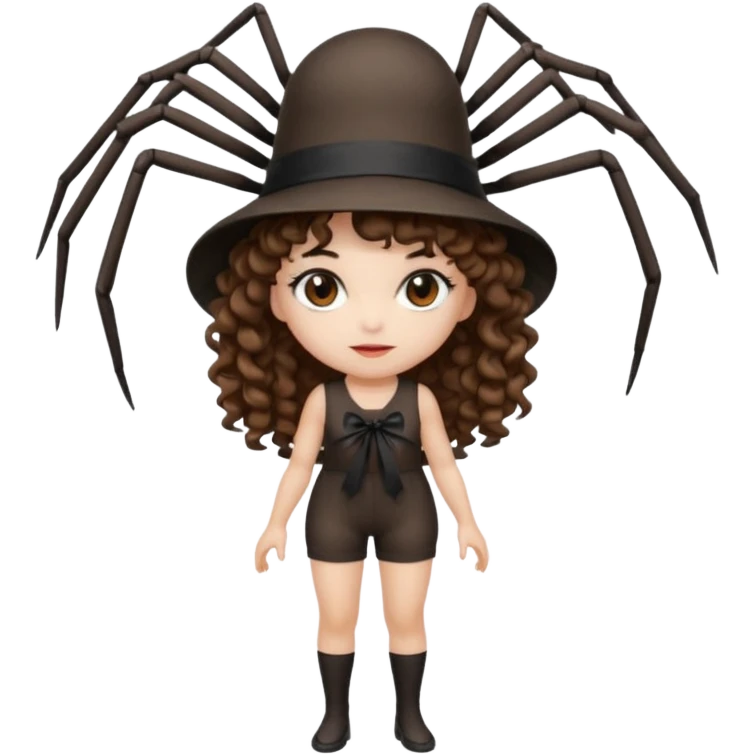 full body woman short curly brown mullet hair brown eyes white skin wearing spider hat and silk ribbon outfit emoji