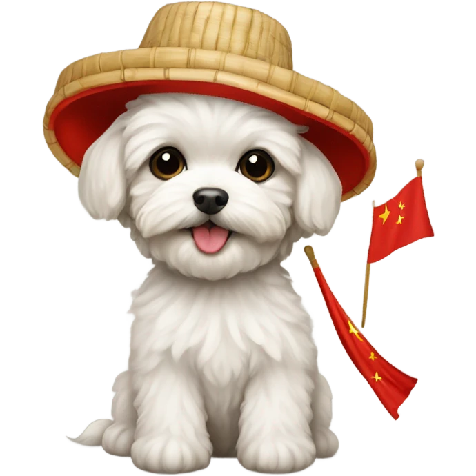 Maltipoo with bamboo hat and Chinese flag emoji
