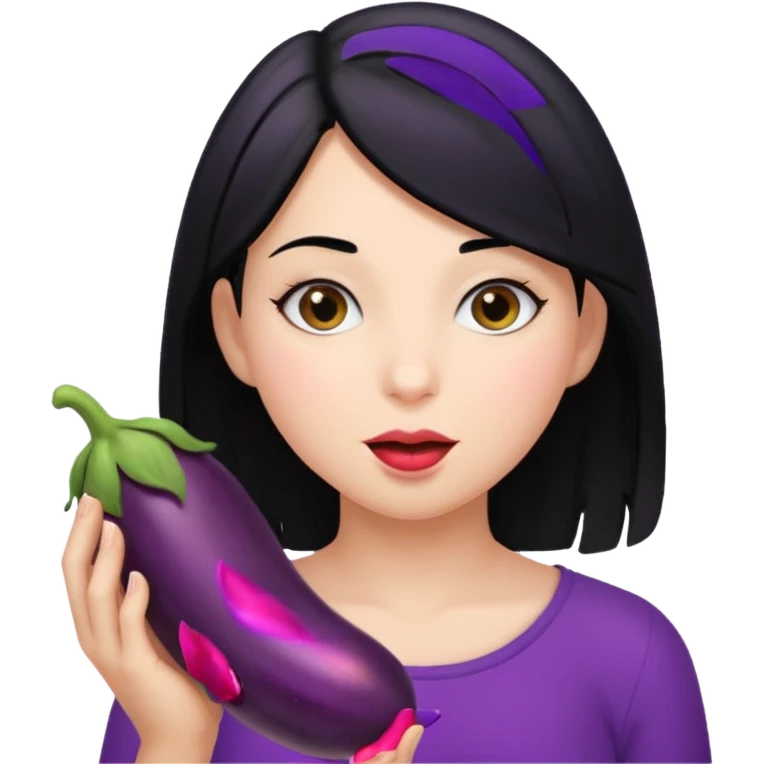 Girl with black hair sucking eggplant emoji