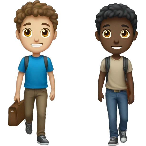 two boy student with brown hair and brown skin and blue shirt walking emoji