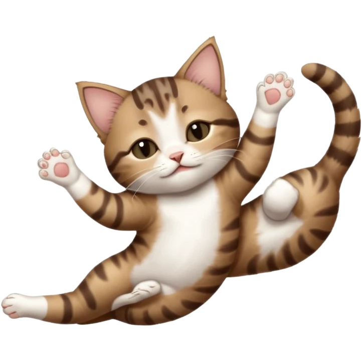 dark brown tabby and white kitten with his eyes closed whilst in funny positions stretched out and  upside down emoji