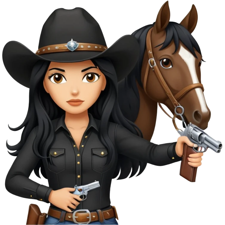 confident hot tanned woman with long black hair cowgirl style wearing black outfit with gun and horse emoji