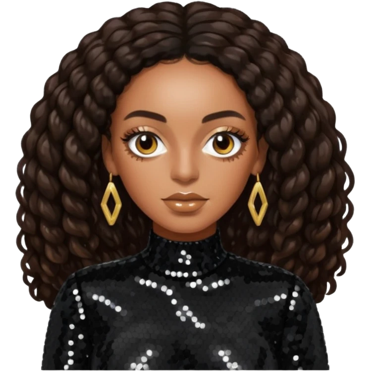 Solange with long dark brown hair, black sequin outfit emoji