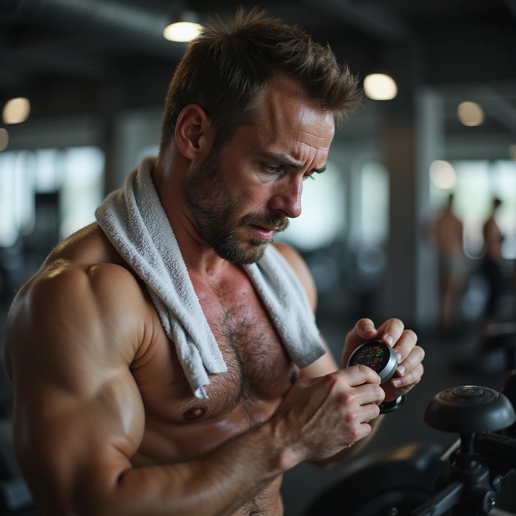 muscular man in his 30s obsessively checking heart rate monitor during cardio, face red with overexertion, gym towel soaked in sweat, panic in his eyes, hyperrealistic 4K details, gym environment emoji