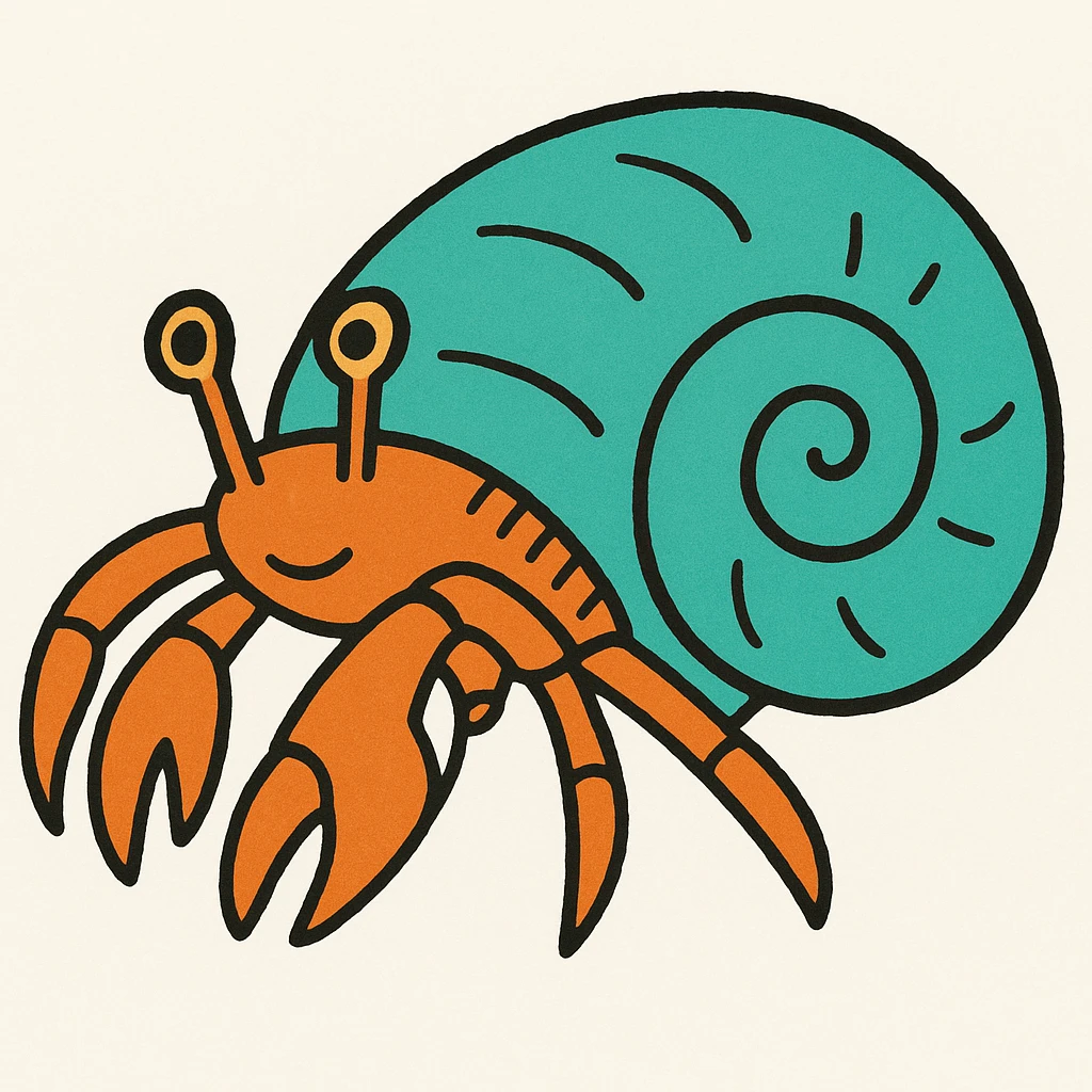 hermit crab, icon-black-outlined-hand-drawn style, add some colors emoji