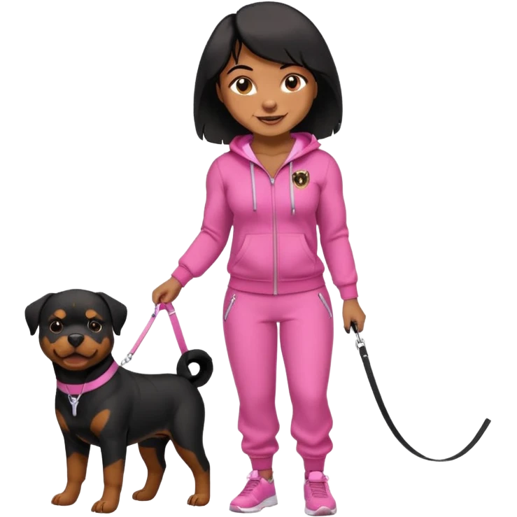 Adult Rottweiler full body on a leash held by African American woman in all pink tracksuit  emoji