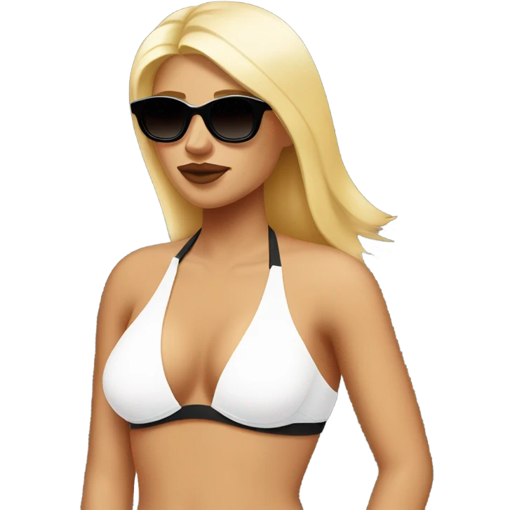 A red and sunburned nordic woman white bikini line with blond hair and big black Chanel sunglasses  emoji