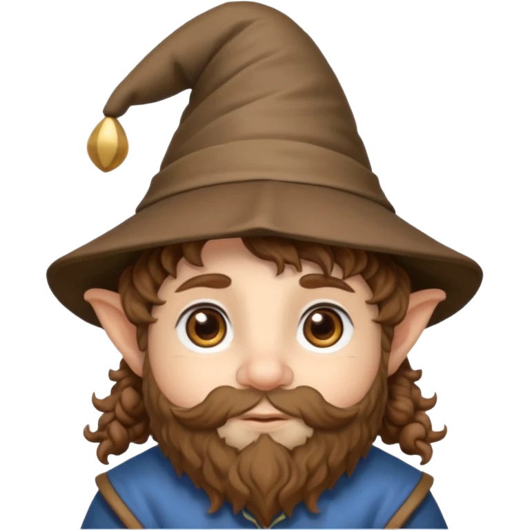Gnomo con capelli ricci marroni, occhi marroni e cappello a punta emoji