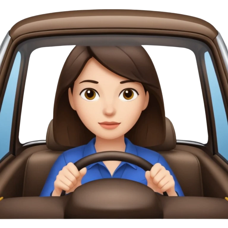 Brunette woman driving car like crazy. NewHappy face confidence  emoji