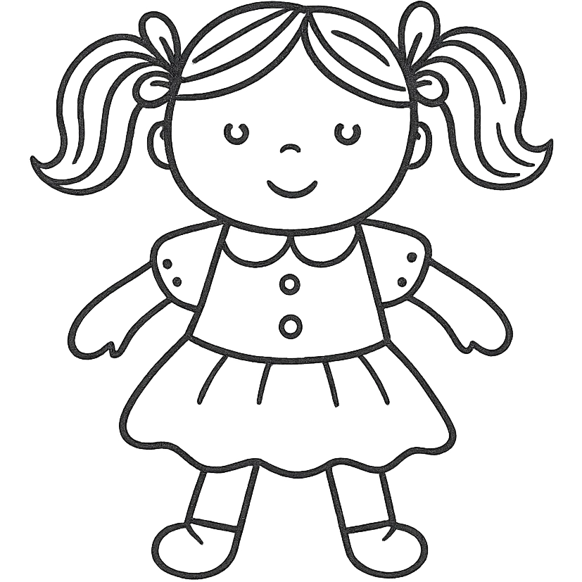 boneca, cute doll, hand drawn icon with no fill, detailed lines, black outlines, no color, supports text but no text included emoji