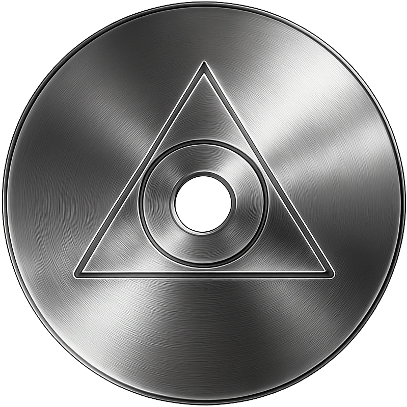 A minimalist CD disc with geometric pattern, neon glowing effect, red color emoji