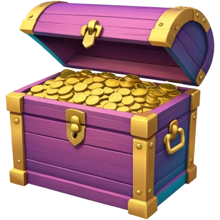 wooden brown treasure chest filled with coins pack in gradient of turquoise, blue, pink, purple, and coral emoji