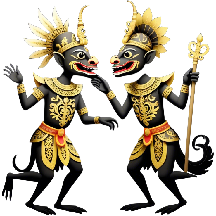 Wayang – Cinematic Realistic Wayang, depicted as intricately carved traditional Indonesian shadow puppets with expressive features and vibrant cultural motifs, set against a dark, dramatic backdrop with subtle glowing highlights that evoke the mystical art of shadow play. emoji