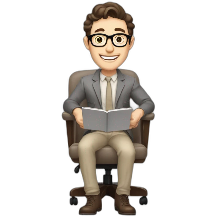 Joyful Celebrating victory Pale skinned Fit Man With dark brown hair in gray jacket, beige office shirt, Brown pants and vintage glasses sitting In a soft chair with a notebook and a pen emoji