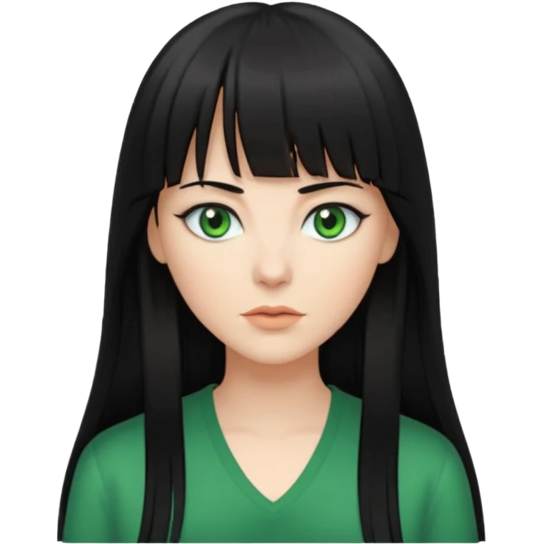 A white woman with Long straight hair with bangs, black hair, green eyes and a low-cut shirt emoji