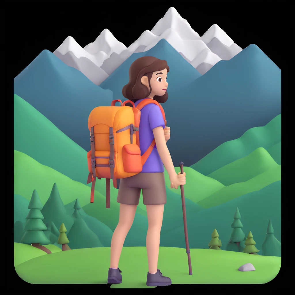 portrait of girl back packing mountains in background, close up pose emoji