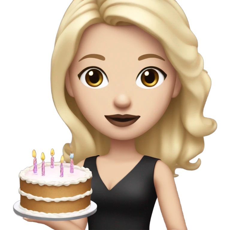 White girl with blonde straight hair, mauve lips, dark eyes, black dress, birthday cake in hands emoji