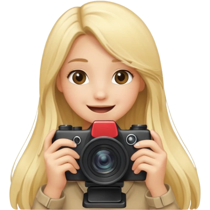 blonde girl photographer cartoon taking picture in middle of taking picture camera in front of face long hair smiling funny emoji