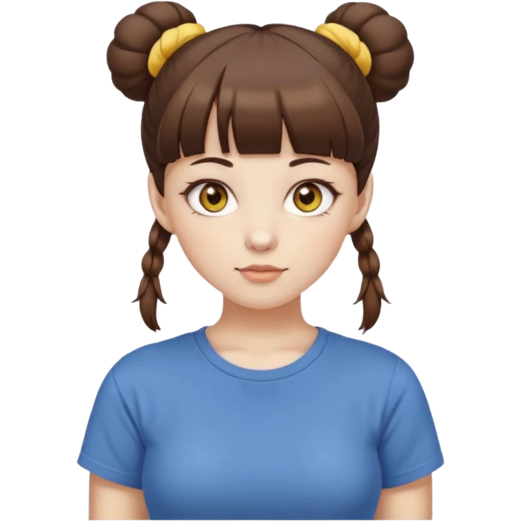 beautiful girl with brown hair with up twin buns style only, straight bangs, yellow eyes, milk brown tshirt, white skin, her body is a little fat  emoji