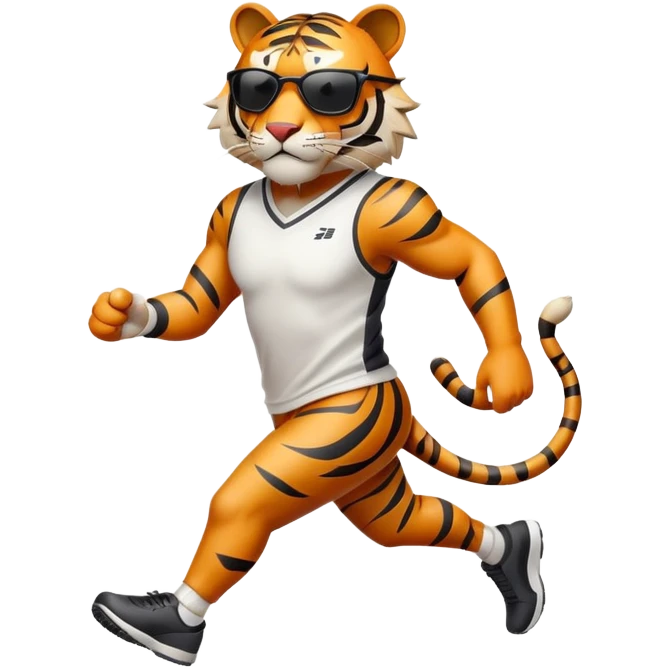 energetic anthropomorphised tiger in sports clothes, wearing dark sunglasses, walking upright, dynamic pose emoji