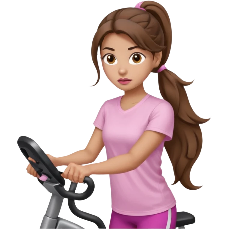 girl with wavy long ponytail brown hair, brown eyes, light to medium complexion, long lashes, light pink lipstick, wearing light pink shirt, on an elliptical emoji