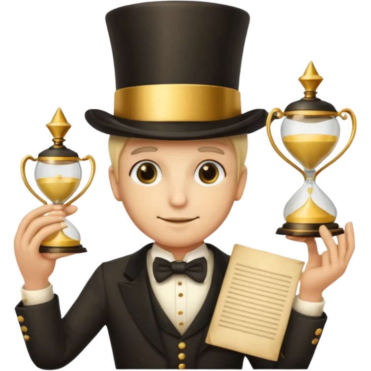 many hands in one, a top hat with a gold stripe, a golden hourglass, papers, a cup

 emoji