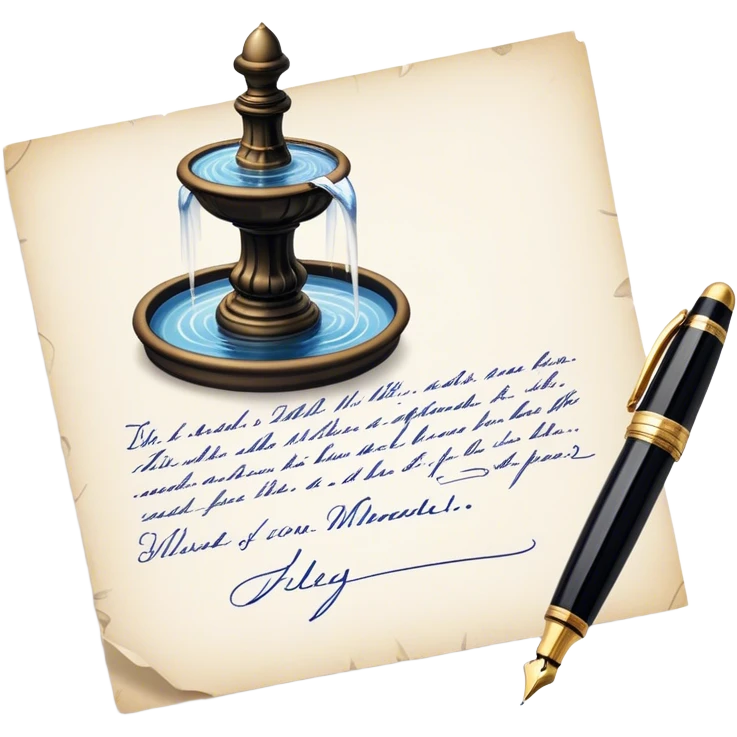 Icon for Autograph Collecting: a signature on a piece of paper with a vintage fountain pen beside it, and a collection of autographed photos or memorabilia in the background. The icon should convey the passion for collecting famous signatures. Transparent background. emoji