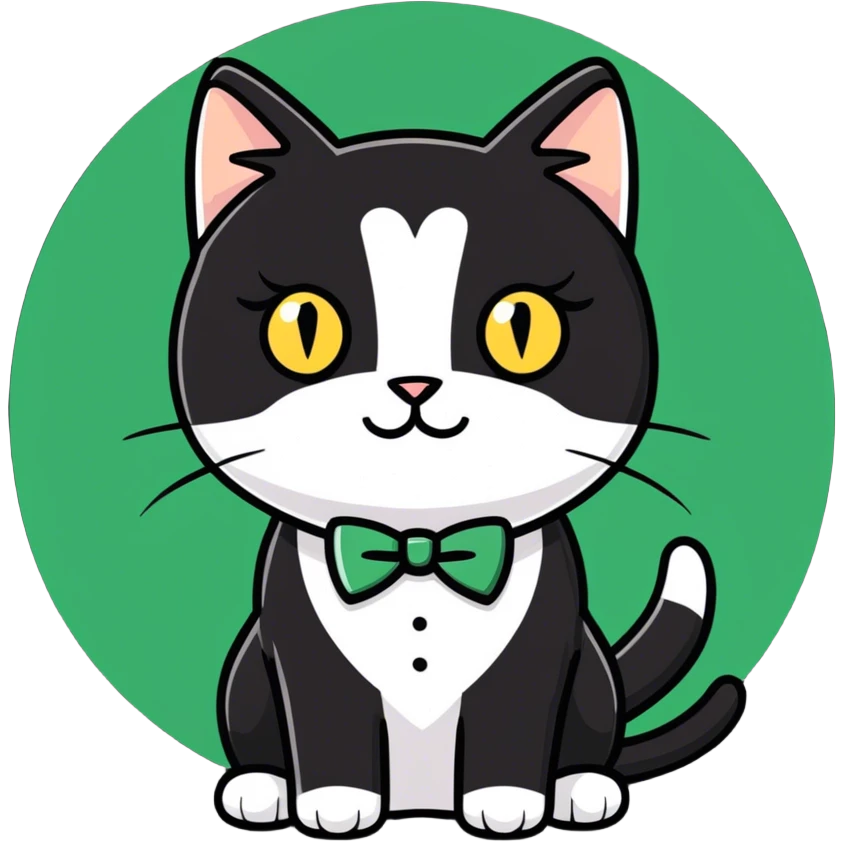 Female Tuxedo domestic short hair, more white than black, green/gold eyes emoji