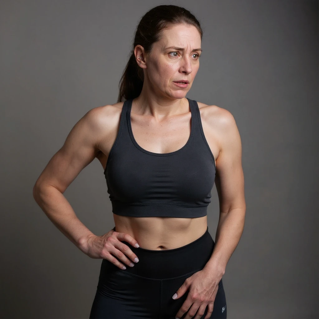 Realistic style image of a woman in sportswear inspired by the reference photo, showing pain in the right hip, with one hand on the right hip area and a pained expression, neutral background. emoji