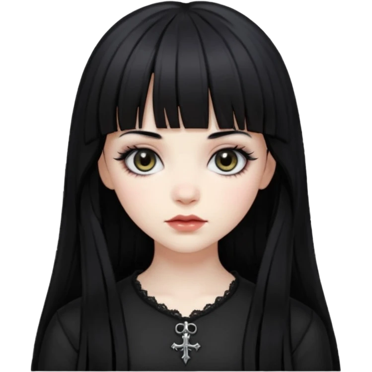 Gothic gir, black hair with bangs, slightly wavy, very long hair,long eyelashes, black eyes. emoji