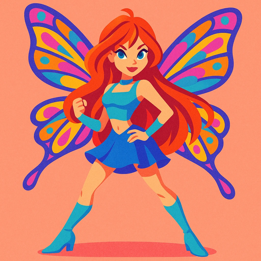Winx Club character Bloom, magical fairy, vibrant colors, detailed wings, confident pose, fantasy style emoji